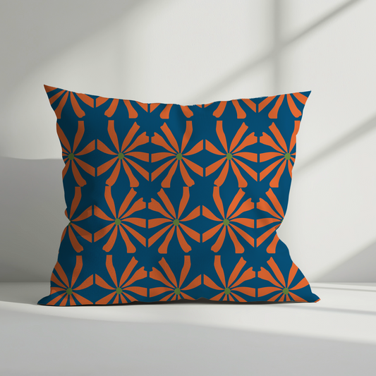 Navy Blue and Orange Floral Geometric Cushion Cover