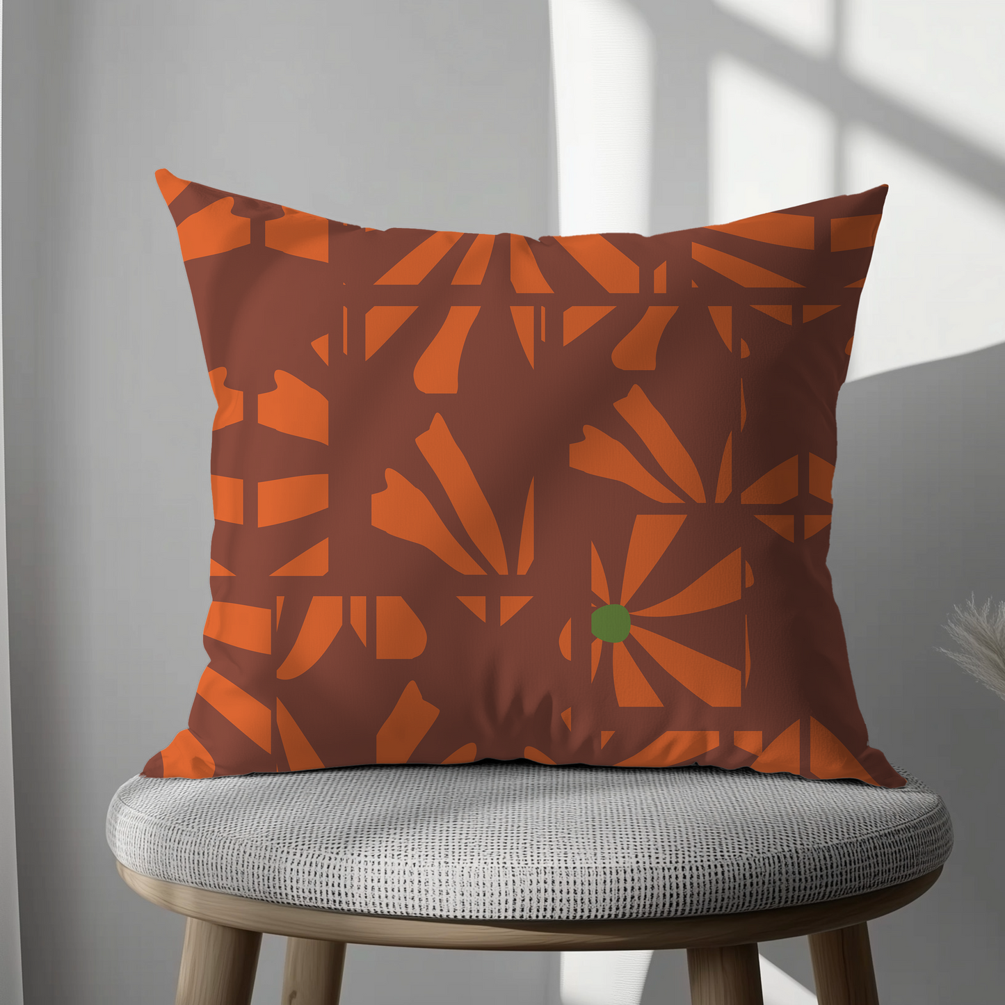 Rust Brown and Orange Floral Geometric Cushion Cover