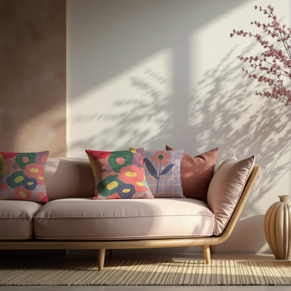 Beige sofa with colorful floral-patterned cushions in a sunlit room.