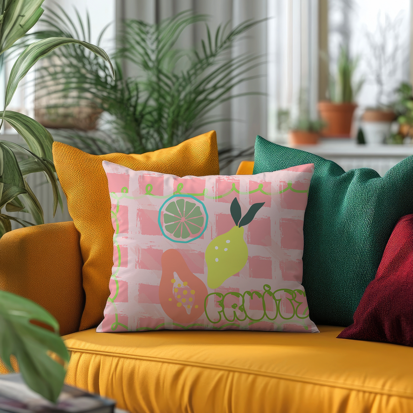 Colorful pillows on a yellow couch with a decorative pillow featuring lemons and the word 'fruit'.