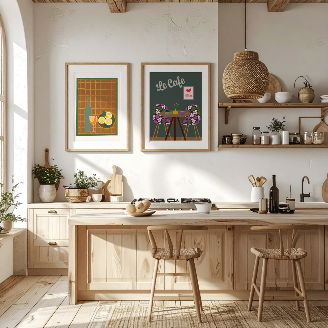 Modern kitchen with wooden furniture, framed art, and decorative items.