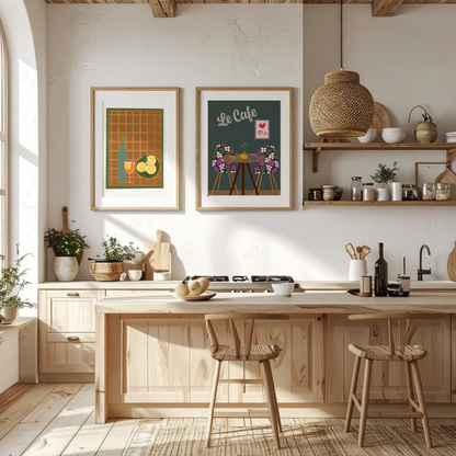 Modern kitchen with wooden furniture, framed art, and decorative items.