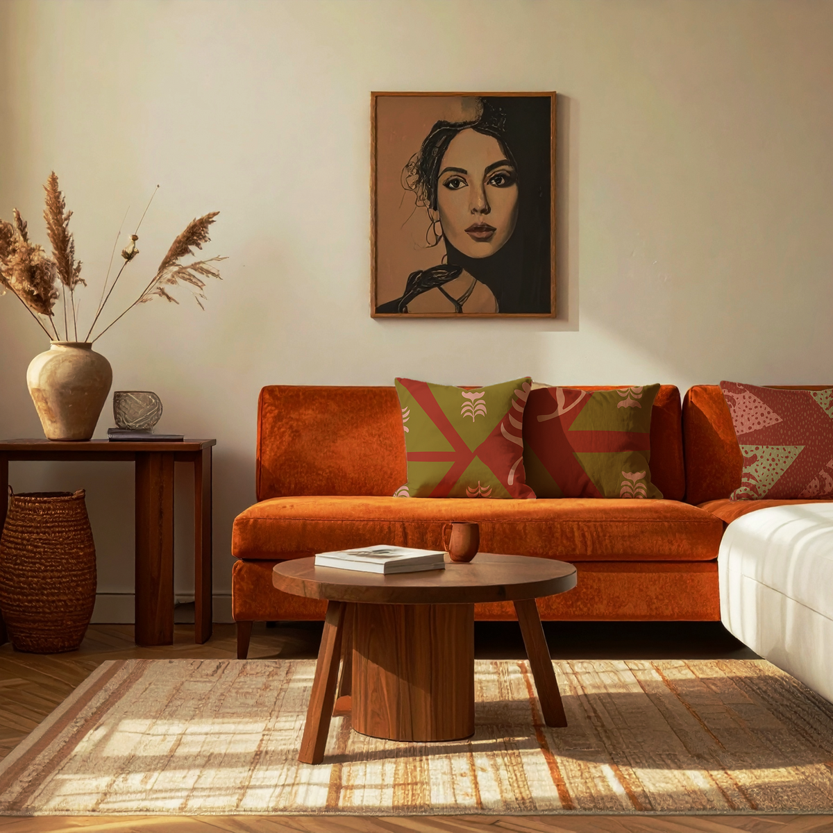 A warm, modern living room featuring a prominent orange velvet sofa with patterned green and red accent pillows, a round wooden coffee table, a striped beige rug, and a framed portrait of a woman on the wall.