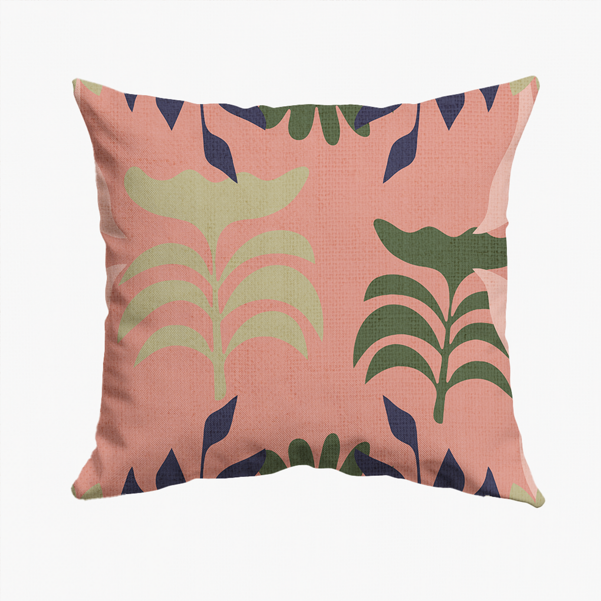 A square throw pillow with a textured linen-like fabric, featuring a retro botanical pattern in dusty pink, sage green, dark green, and navy blue on a white background.