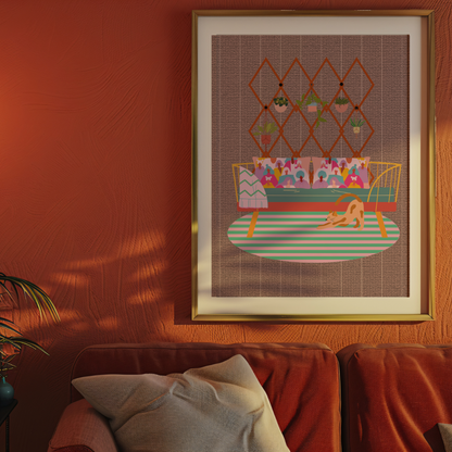 Serene Haven Wall Art Print – Rattan Sofa, Cat & Plants