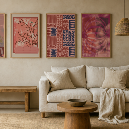A styled living room scene featuring four framed abstract and botanical art prints in pink, red, and blue tones hanging on a beige wall above a cream-colored sofa with a wooden coffee table and woven decor.