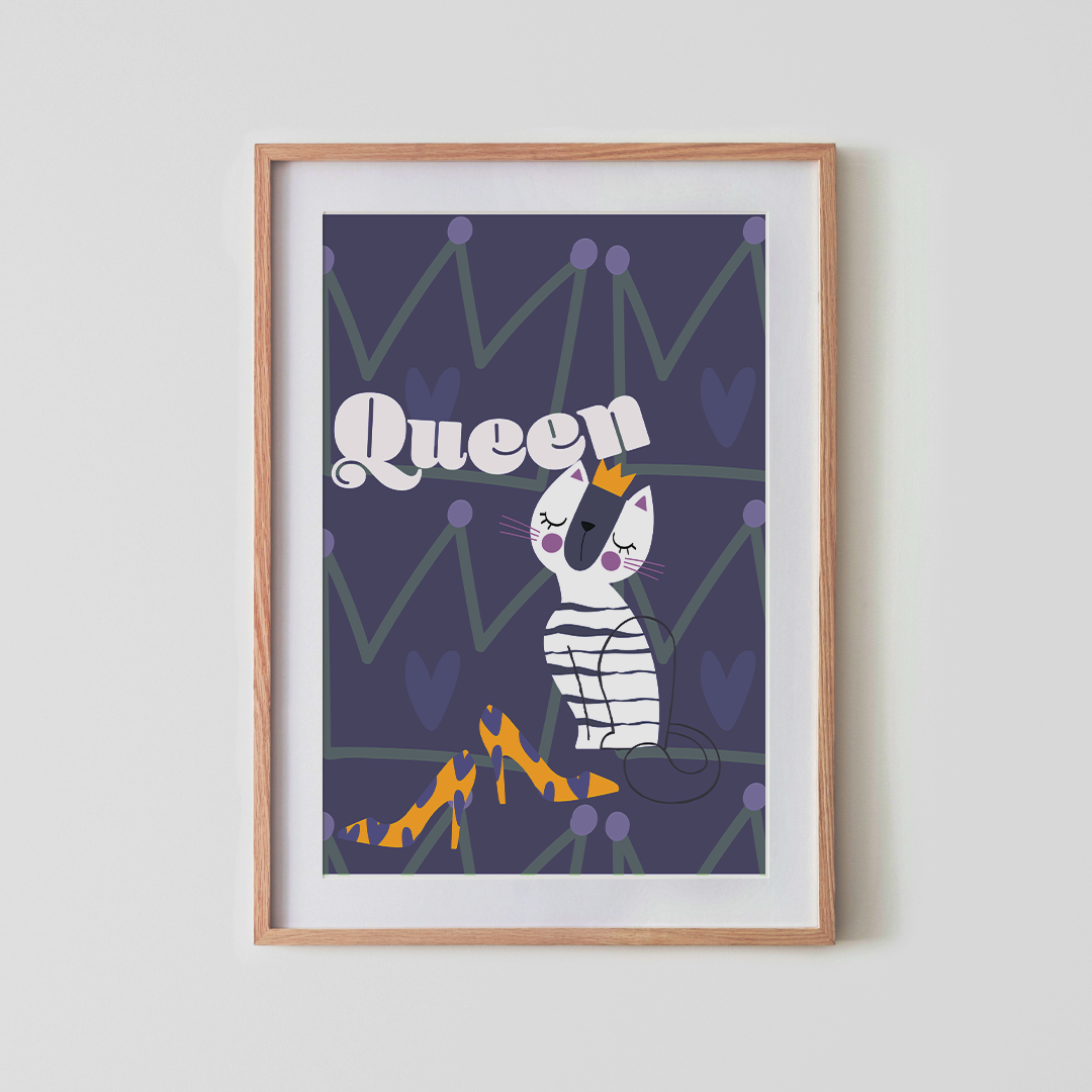 Illustrated wall art print of a stylish white cat with a crown and leopard-print heels on a dark purple crown-pattern background with the word "Queen" in bold font.