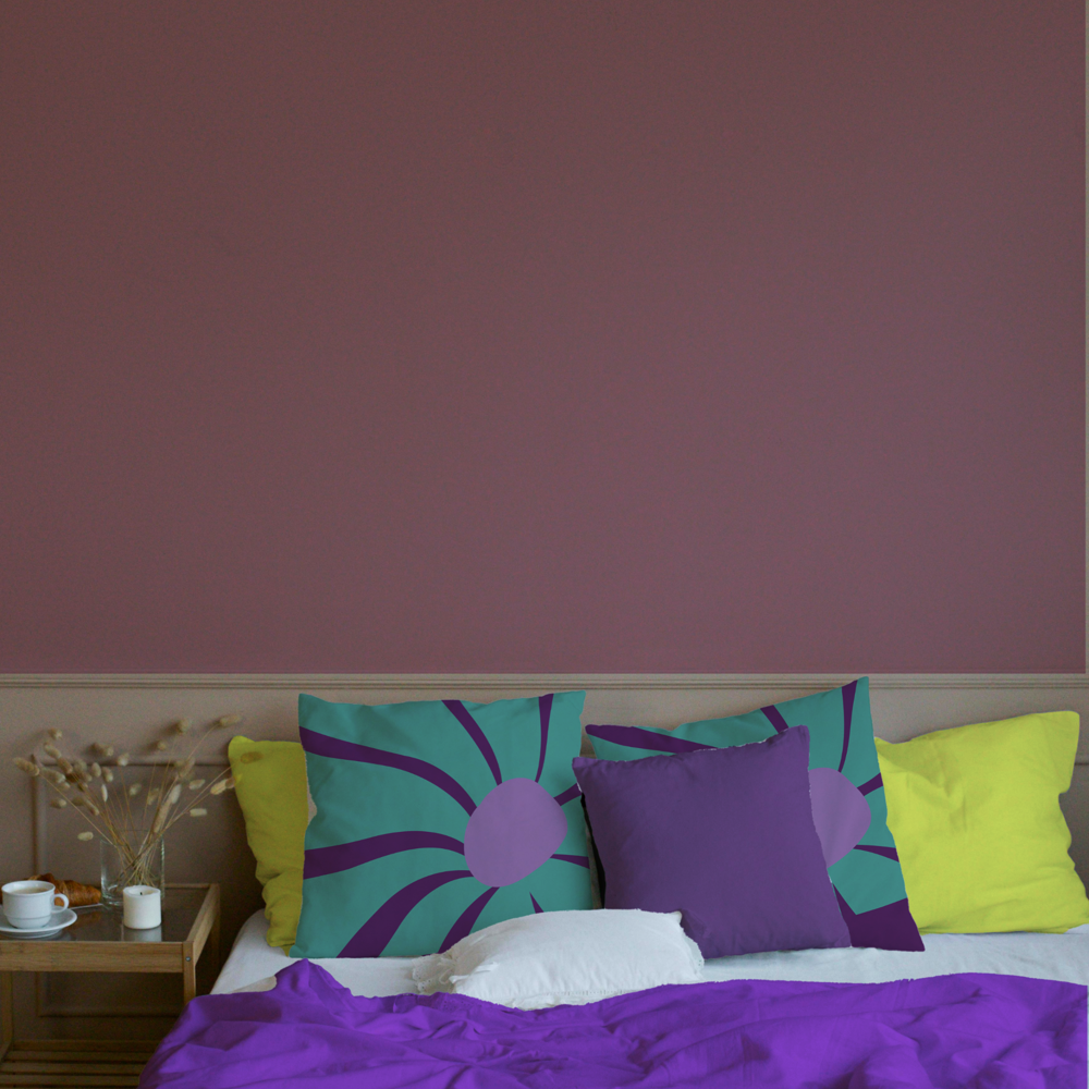 Retro Bloom Floral Cushions on Bed – Colorful Bedroom Decor Bedroom styled with turquoise and purple retro floral cushion covers, paired with purple and yellow accents.