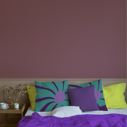 Retro Bloom Floral Cushions on Bed – Colorful Bedroom Decor Bedroom styled with turquoise and purple retro floral cushion covers, paired with purple and yellow accents.