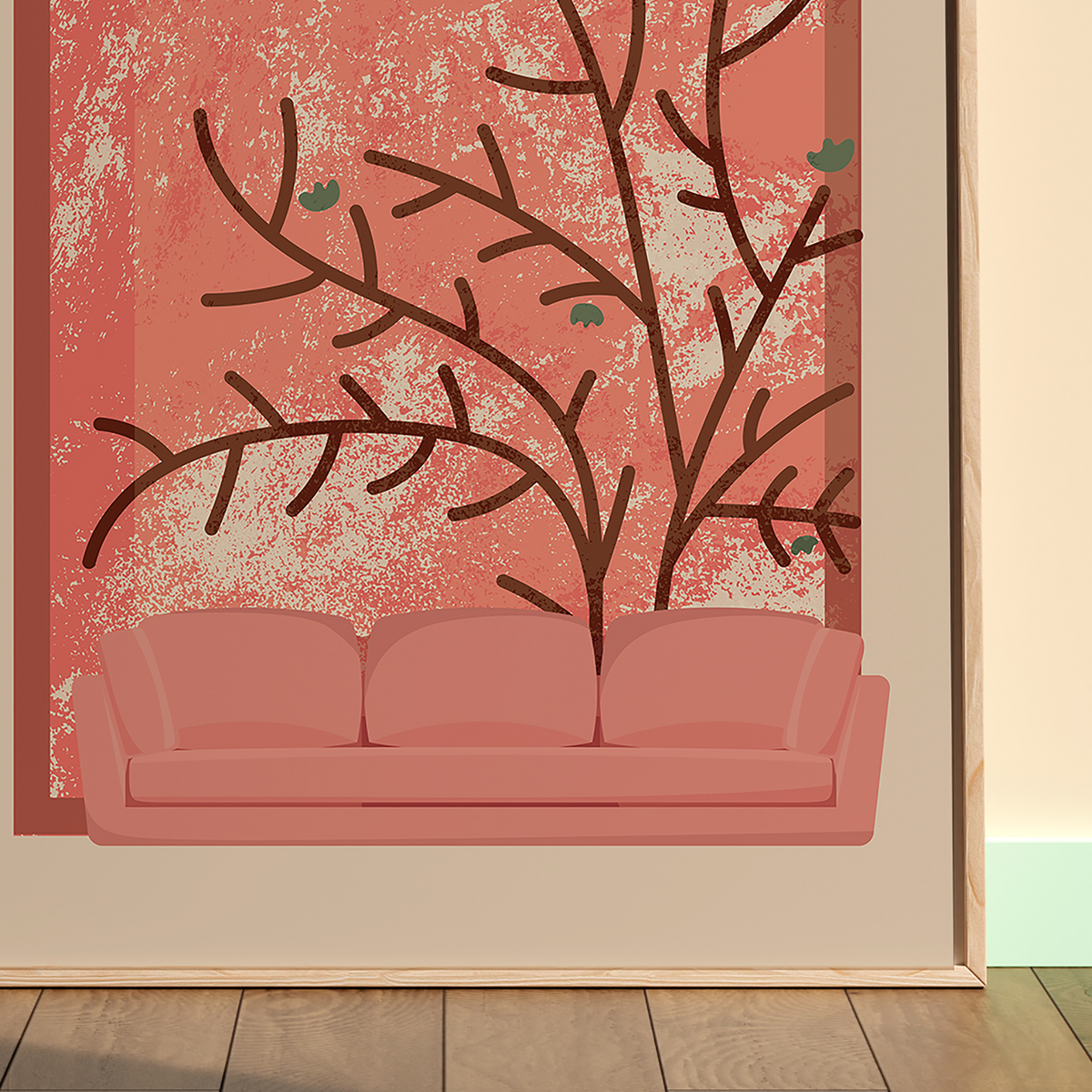 A stylized wall art print or poster showing a pink sofa beneath a large brown tree with small green leaves on a textured coral-pink background, displayed in a room setting with a light wood floor and wall.