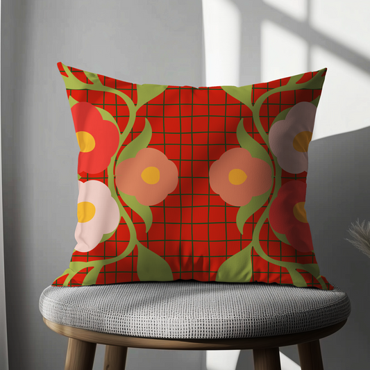 Retro Bloom Cushion Cover – Bold Red Floral Design