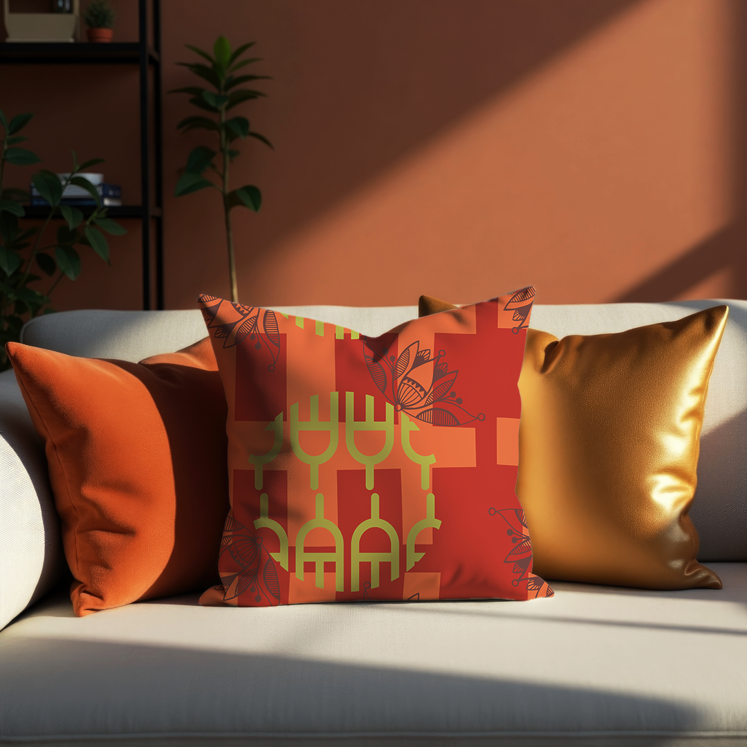 Colourful pillows on a sofa with a warm-toned wall in the background