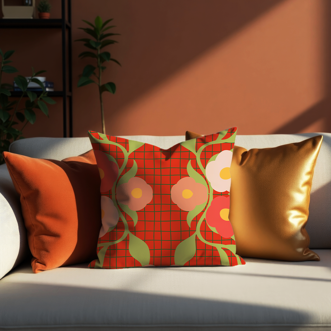 Retro Bloom Cushion Cover – Bold Red Floral Design