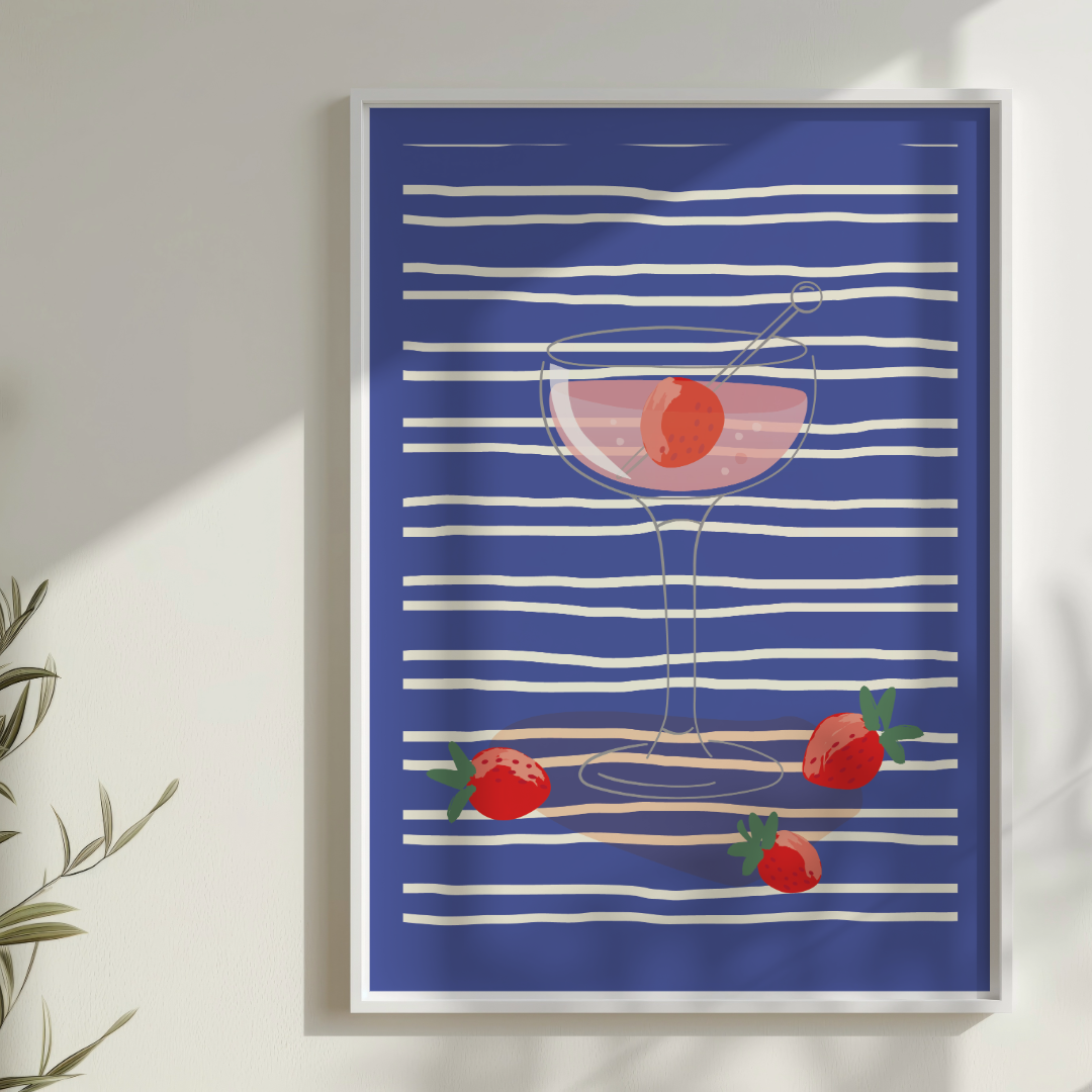 Strawberry Cocktail Wall Art Print – Bold Blue Stripe