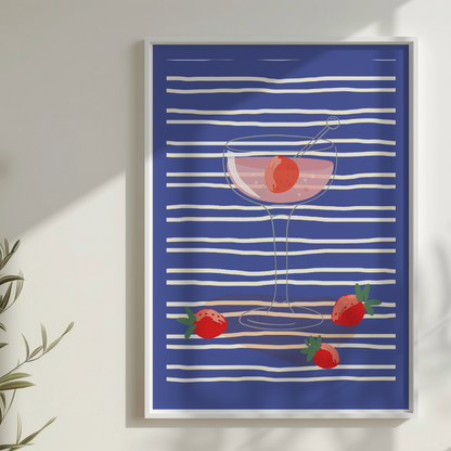 Strawberry Cocktail Wall Art Print – Bold Blue Stripe