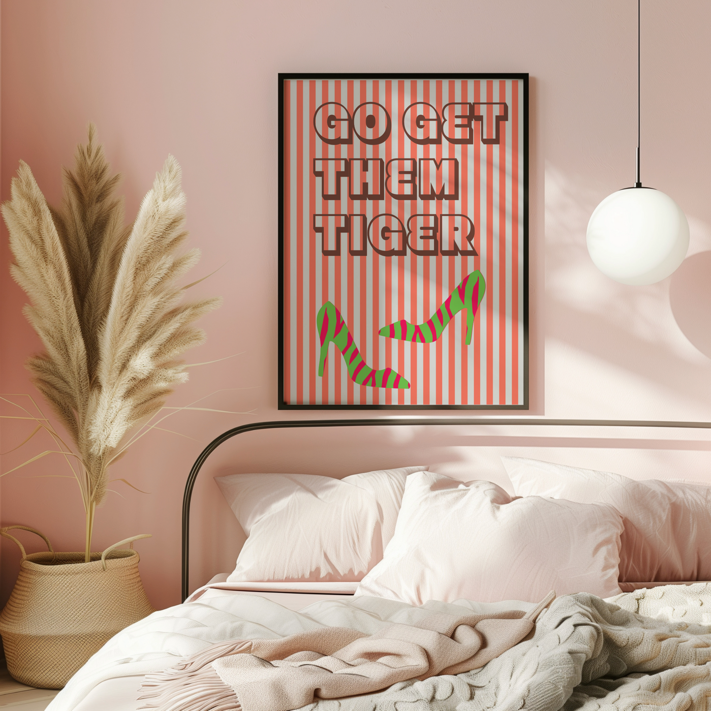 Decorative poster with 'GO GET THEM TIGER' text in a bedroom setting.