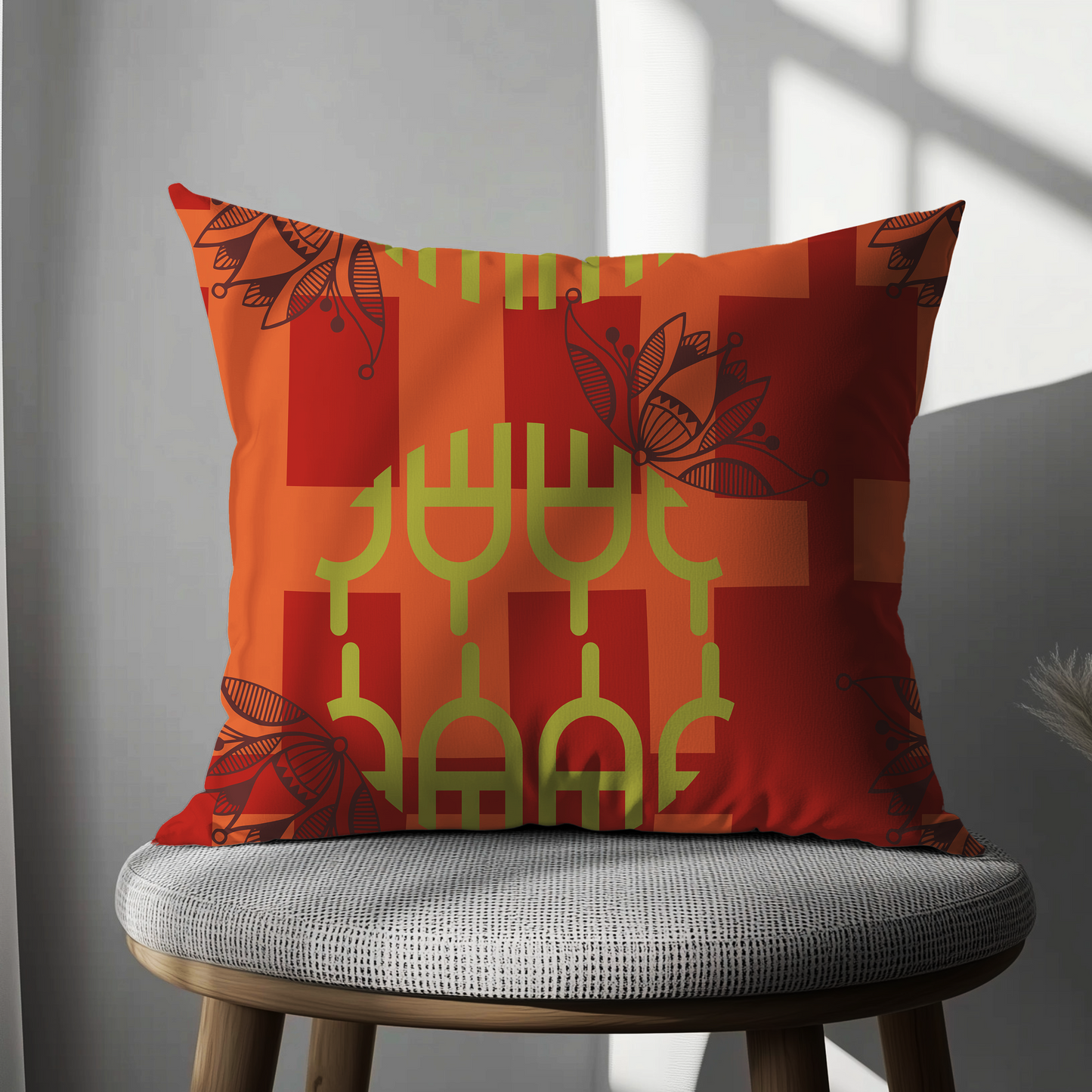 Retro Lotus Glow Cushion Cover – Bold Orange & Green Accent