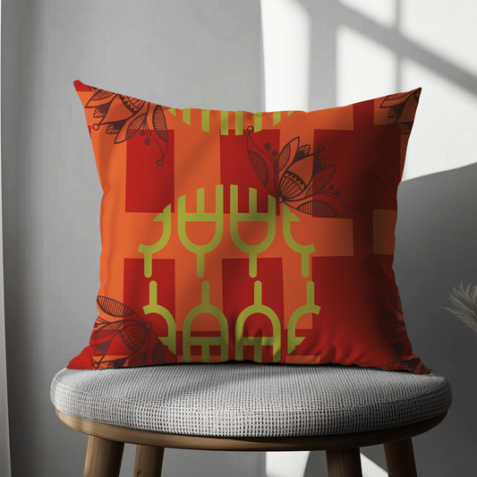 Retro Lotus Glow Cushion Cover – Bold Orange & Green Accent